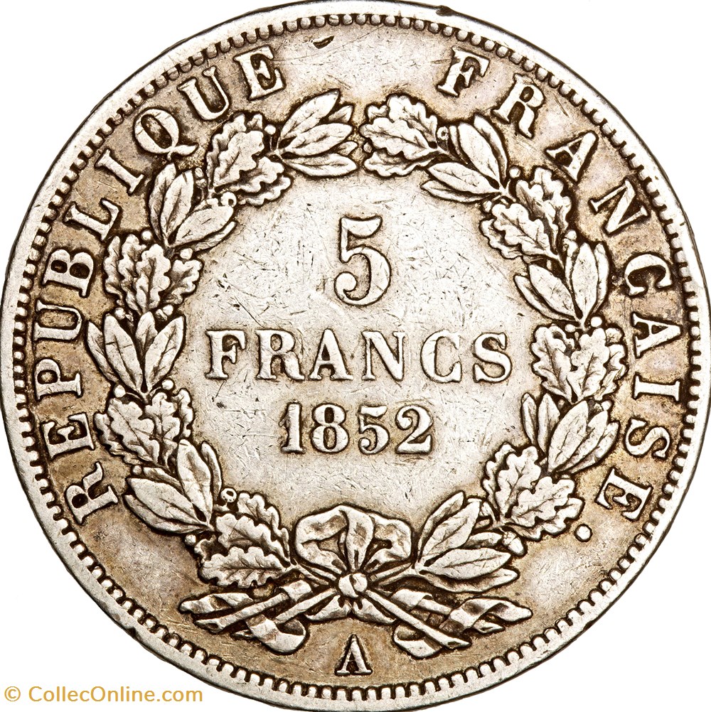 monnaies monde france 5 francs louis napoleon bonaparte 1er type iie republique 1852 paris