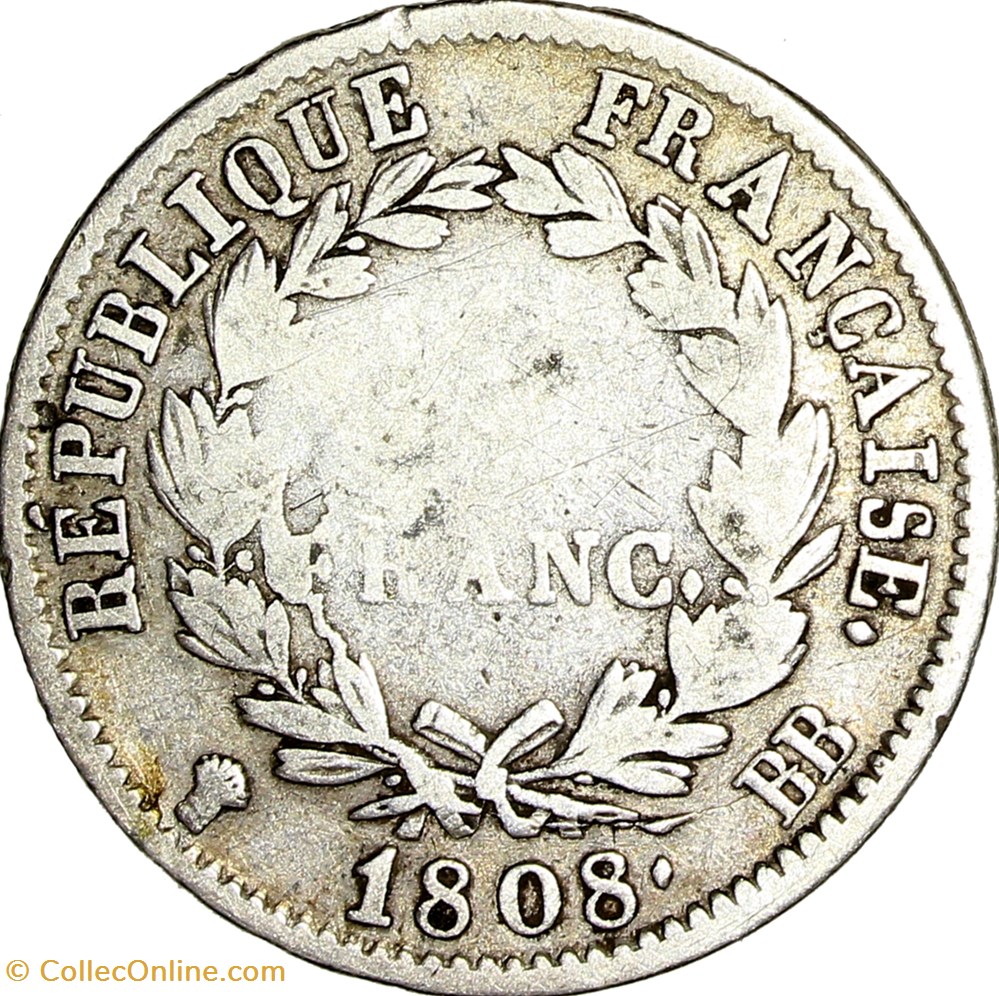1 franc, tête laurée, République, Napoléon Ier, 1808, Strasbourg monnaies monde france 1 franc tete lauree republique napoleon ier 1808 strasbourg