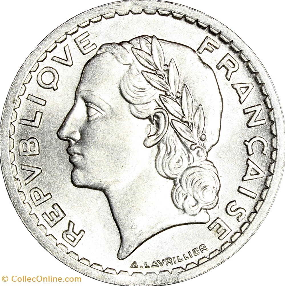 5 francs Lavrillier, aluminium, GPRF, 1946, frappe forte et faiblesse sur le listel monnaies monde france 5 francs lavrillier aluminium gprf 1946 frappe forte et faiblesse sur le listel