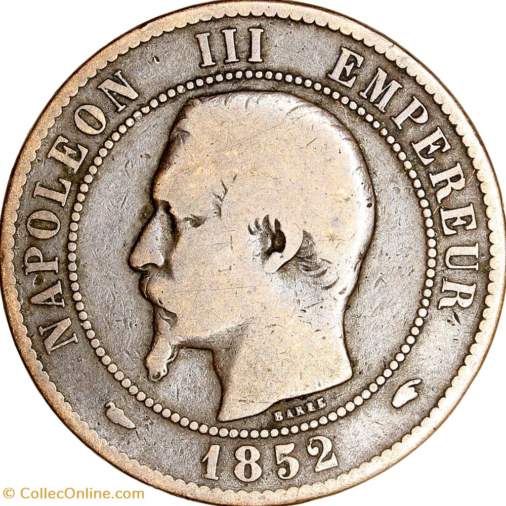 Dix centimes, tête nue, Napoléon III, 1852, Paris monnaies monde france dix centimes tete nue napoleon iii 1852 paris