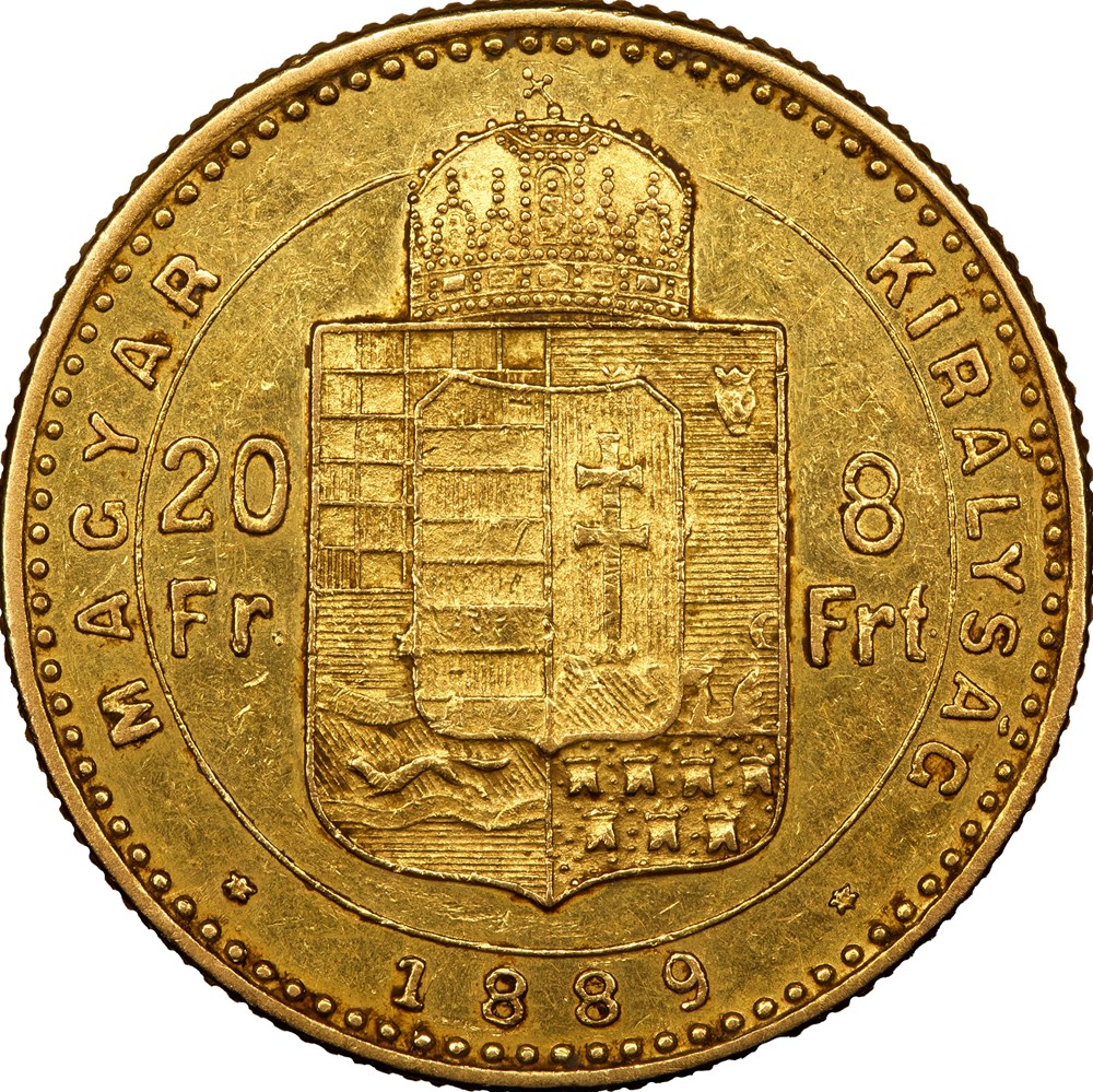 monnaies monde 20 francs 8 florins hongrie francois joseph ier autriche 1889 kremnitz