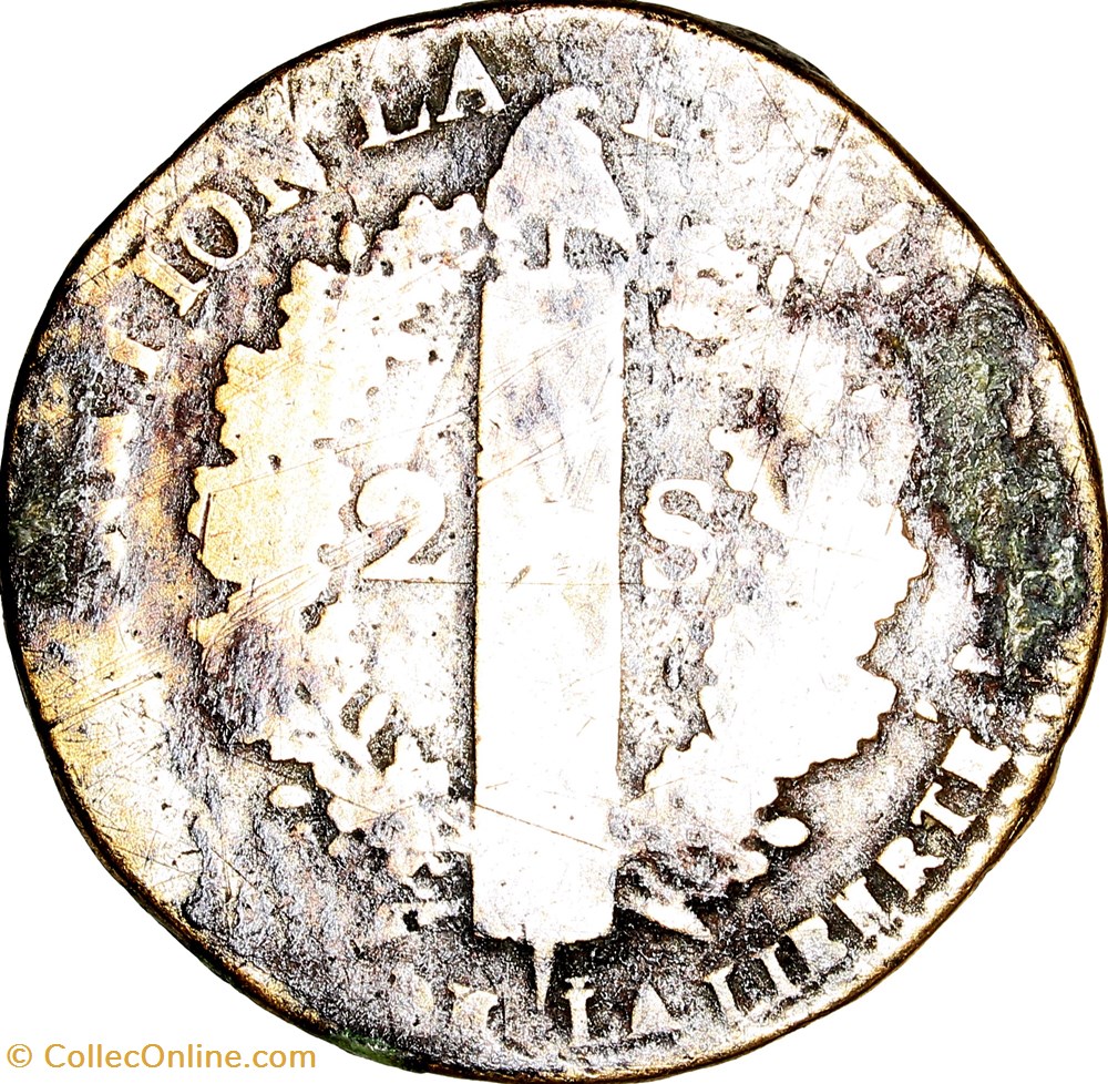 2 sols au faisceau, type François, Louis XVI, 1792, an 4, Arras monnaies monde france 2 sols au faisceau type francois louis xvi 1792 an 4 arras