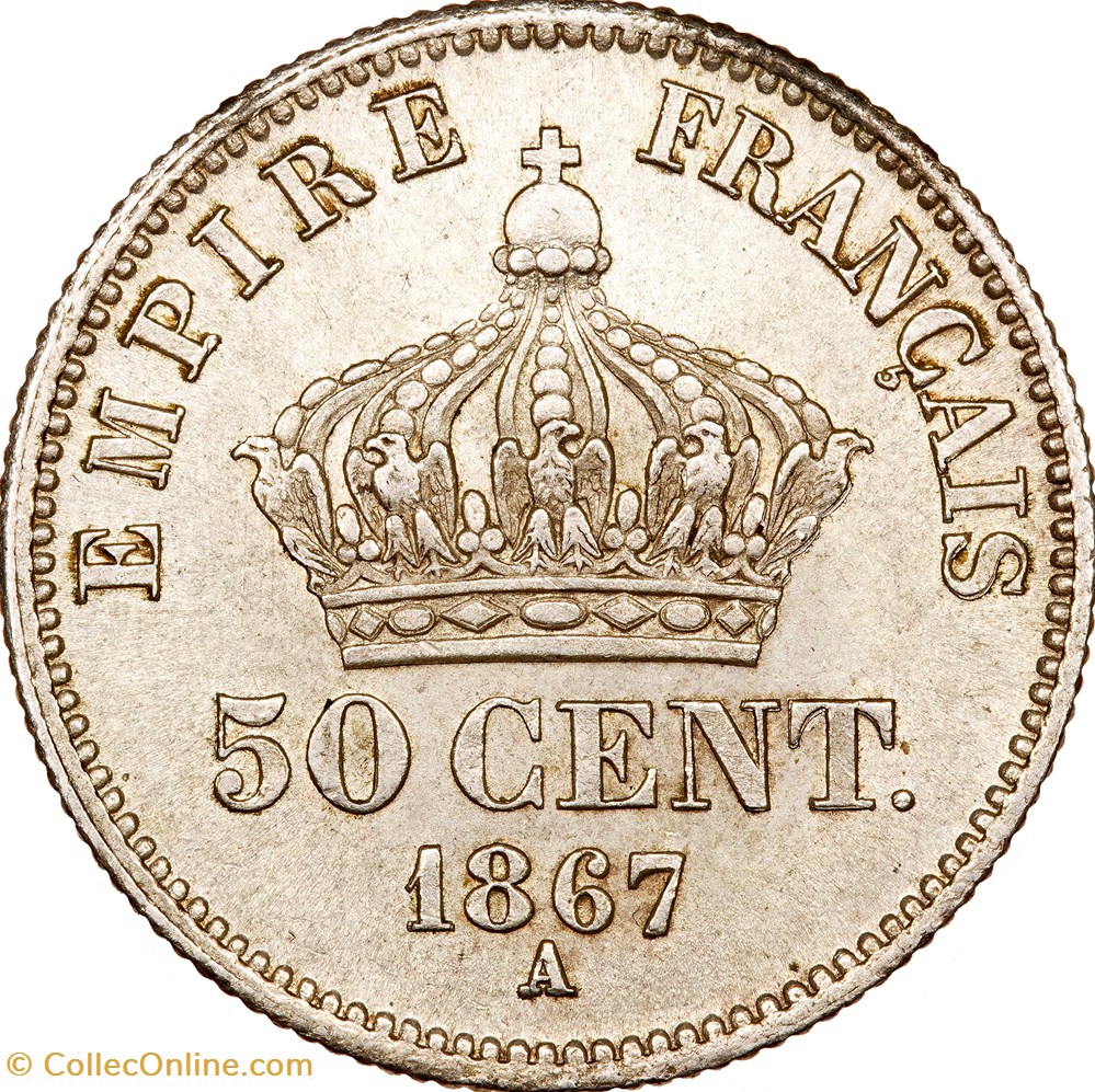 50 centimes, tête laurée, Napoléon III, 1867, Paris monnaies monde france 50 centimes tete lauree napoleon iii 1867 paris