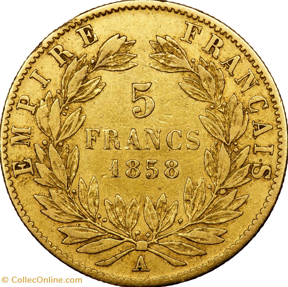 5 francs or, tête nue, grand module, Napoléon III, 1858, Paris monnaies monde france 5 francs or tete nue grand module napoleon iii 1858 paris