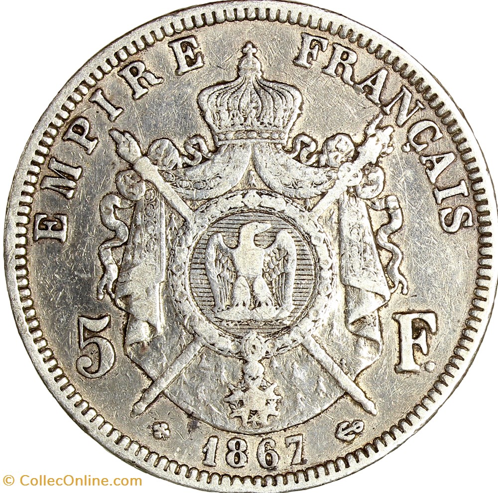 monnaies monde france 5 francs tete lauree napoleon iii 1867 strasbourg