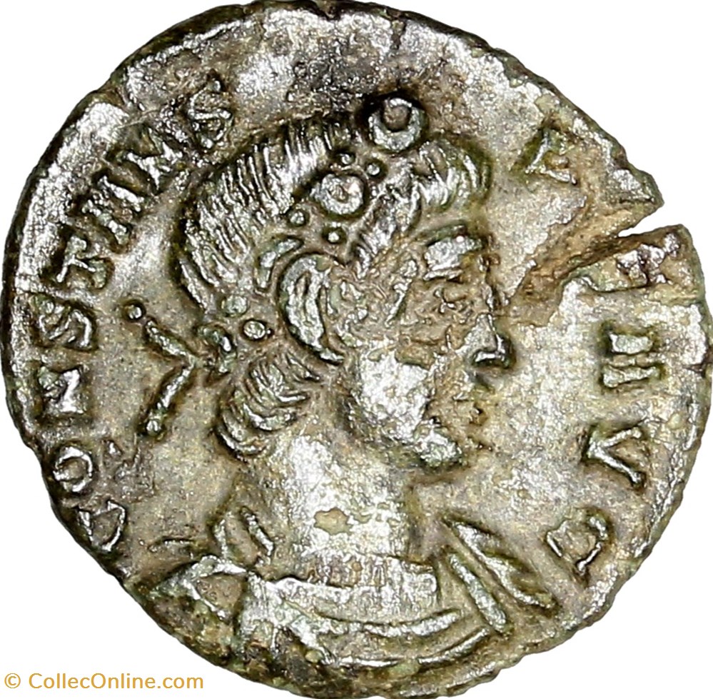 Centenionalis de Constans, Gloria Exercitus, avril - été 340, Trèves monnaies antiques romaines imperiales republicaines centenionalis de constans gloria exercitus avril ete 340 treves