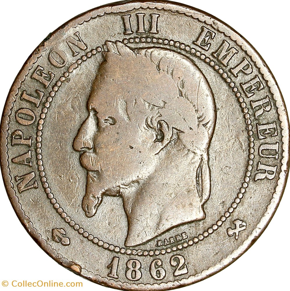 Dix centimes, tête laurée, Napoléon III, 1862, Bordeaux monnaies monde france dix centimes tete lauree napoleon iii 1862 bordeaux
