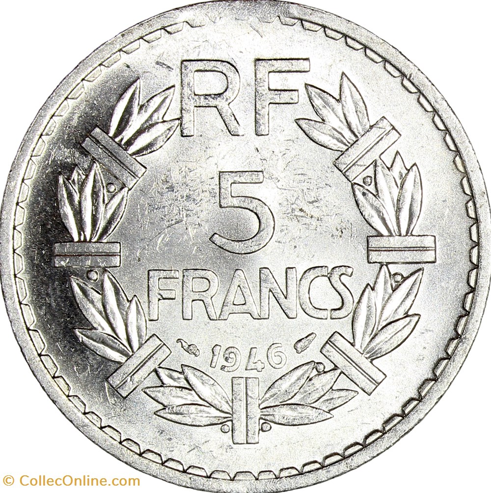 5 francs Lavrillier, aluminium, GPRF, 1946, frappe forte et faiblesse sur le listel 2 monnaies monde france 5 francs lavrillier aluminium gprf 1946 frappe forte et faiblesse sur le listel