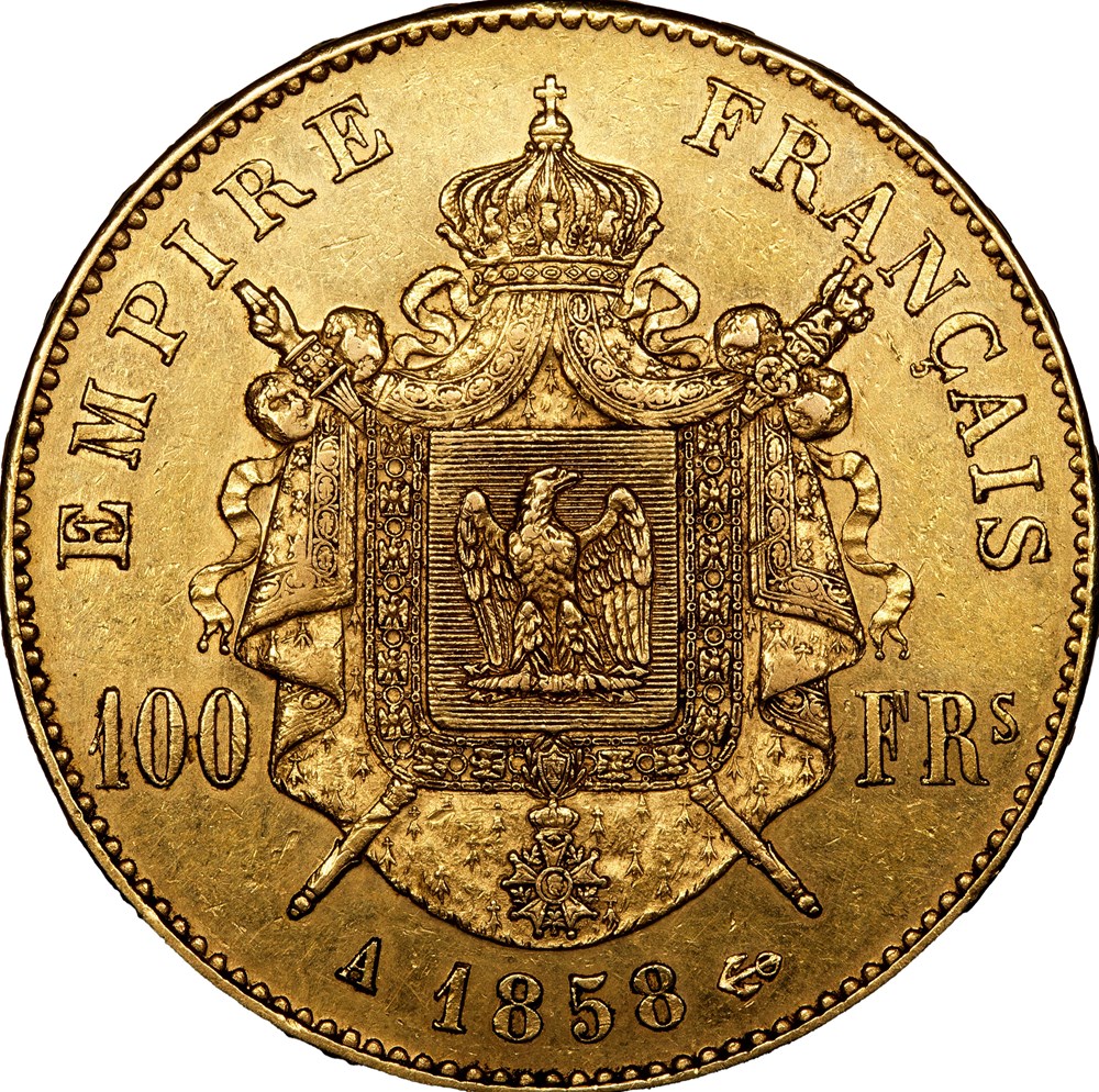 100 francs, tête nue, Napoléon III, 1858, Paris monnaies monde france 100 francs tete nue napoleon iii 1858 paris