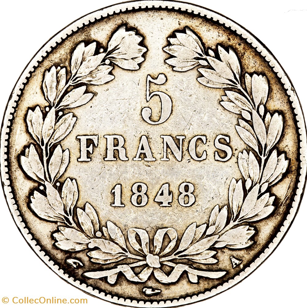 5 francs, 3e type Domard, Louis-Philippe Ier, 1848, Paris monnaies monde france 5 francs 3e type domard louis philippe ier 1848 paris
