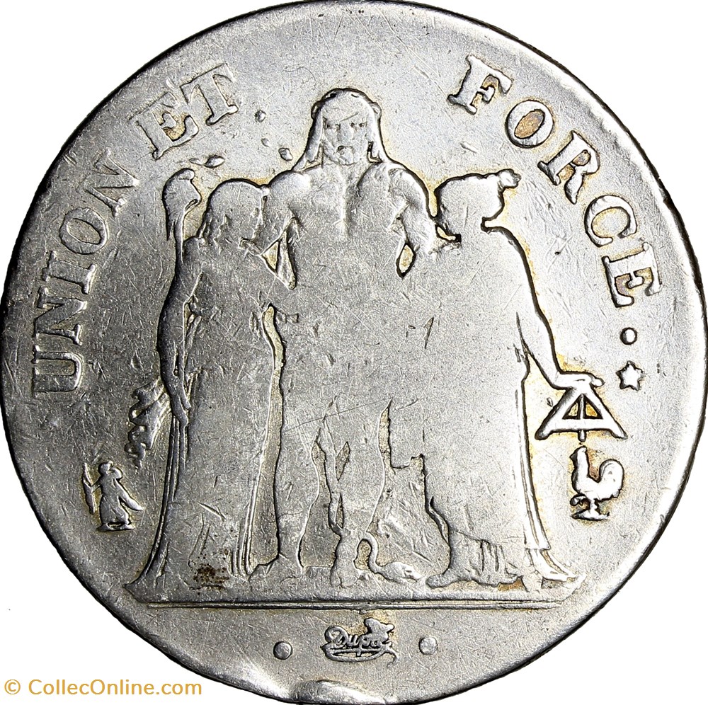 5 francs Union et Force, UNION serré, glands intérieurs et extérieur, gd A, Directoire, an 7, Paris monnaies monde france 5 francs union et force union serre glands interieurs et exterieur gd a directoire an 7 paris