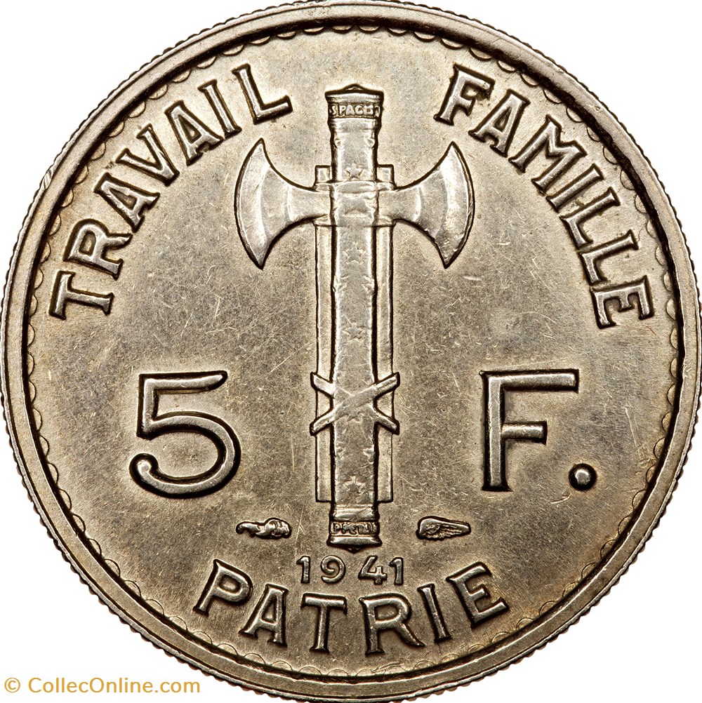 monnaies monde france 5 francs petain etat francais 1941