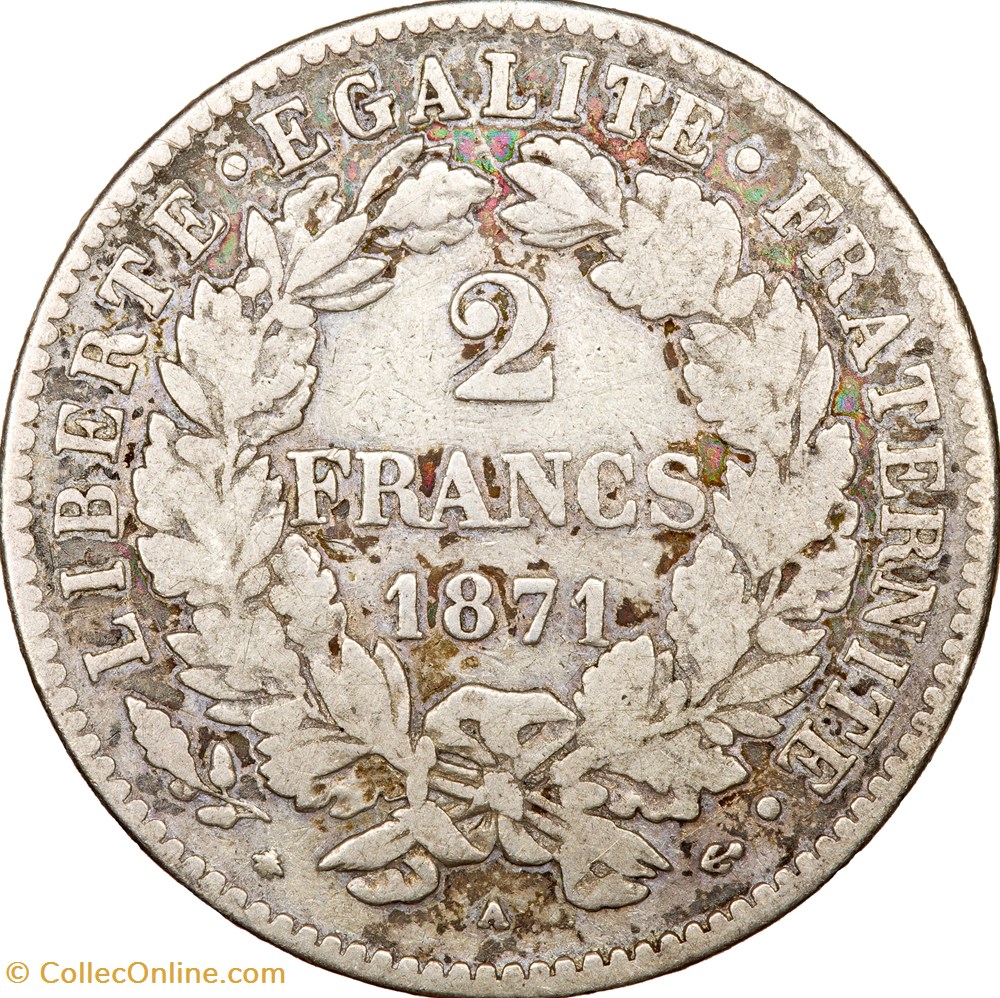 2 francs Cérès, avec légende, IIIe République, 1871, petit A, Paris monnaies monde france 2 francs ceres avec legende iiie republique 1871 petit a paris
