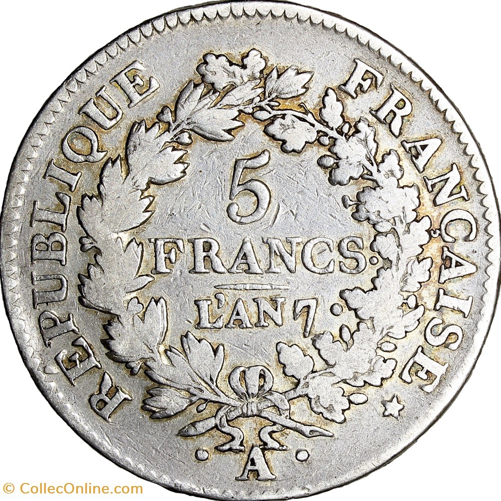 5 francs Union et Force, UNION serré, glands intérieurs et extérieur, gd A, Directoire, an 7, Paris monnaies monde france 5 francs union et force union serre glands interieurs et exterieur gd a directoire an 7 paris