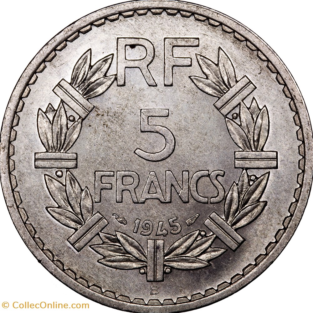 5 francs Lavrillier, aluminium, GPRF, 1945, Beaumont-le-Roger monnaies monde france 5 francs lavrillier aluminium gprf 1945 beaumont le roger