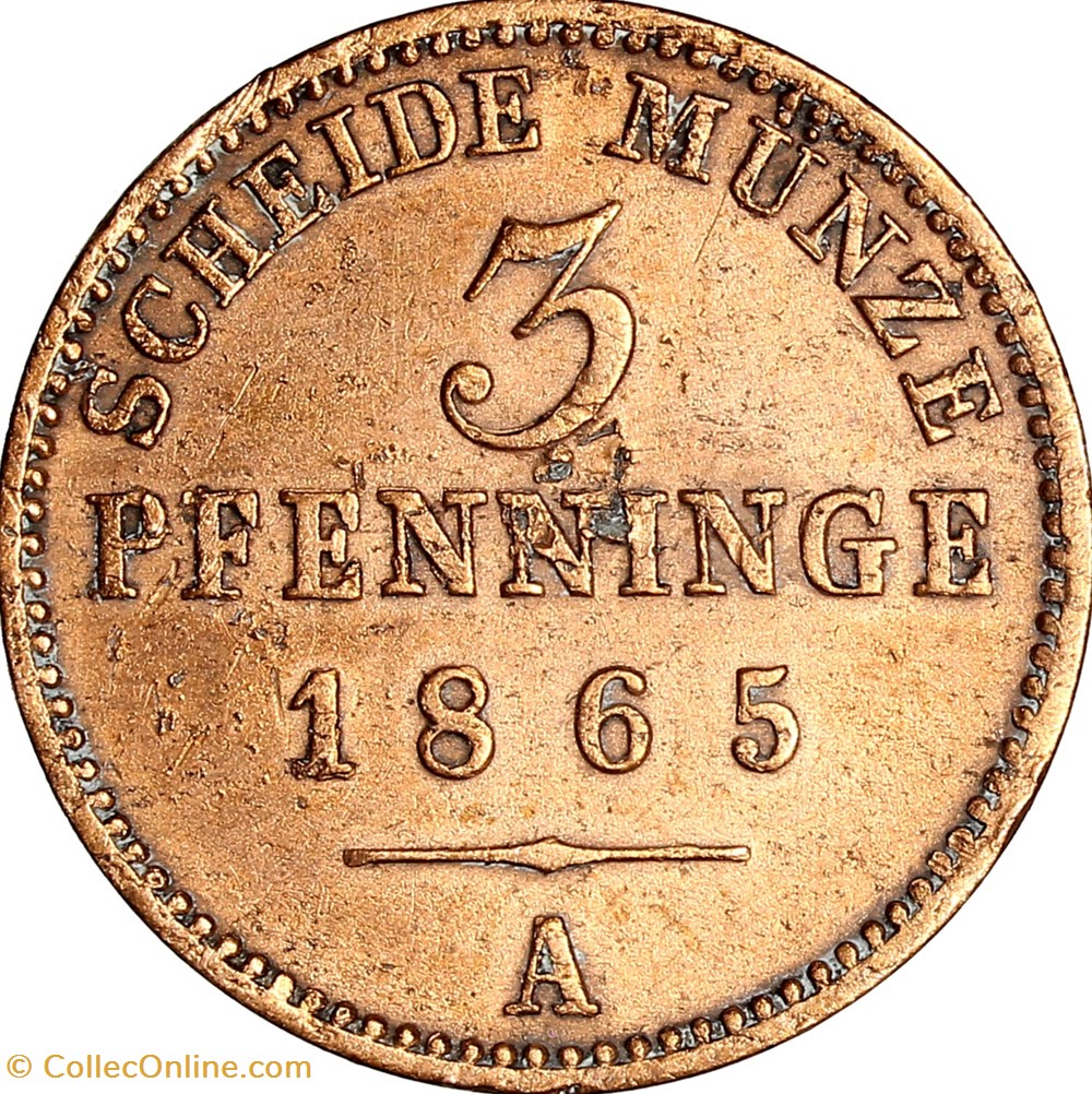 3 pfenninge, Guillaume Ier de Prusse, 1865, Berlin monnaies monde allemagne 3 pfenninge guillaume ier de prusse 1865 berlin