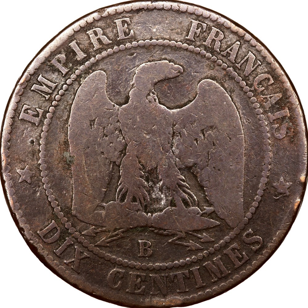Dix centimes, tête nue, Napoléon III, 1855, ancre, Rouen monnaies monde france dix centimes tete nue napoleon iii 1855 ancre rouen