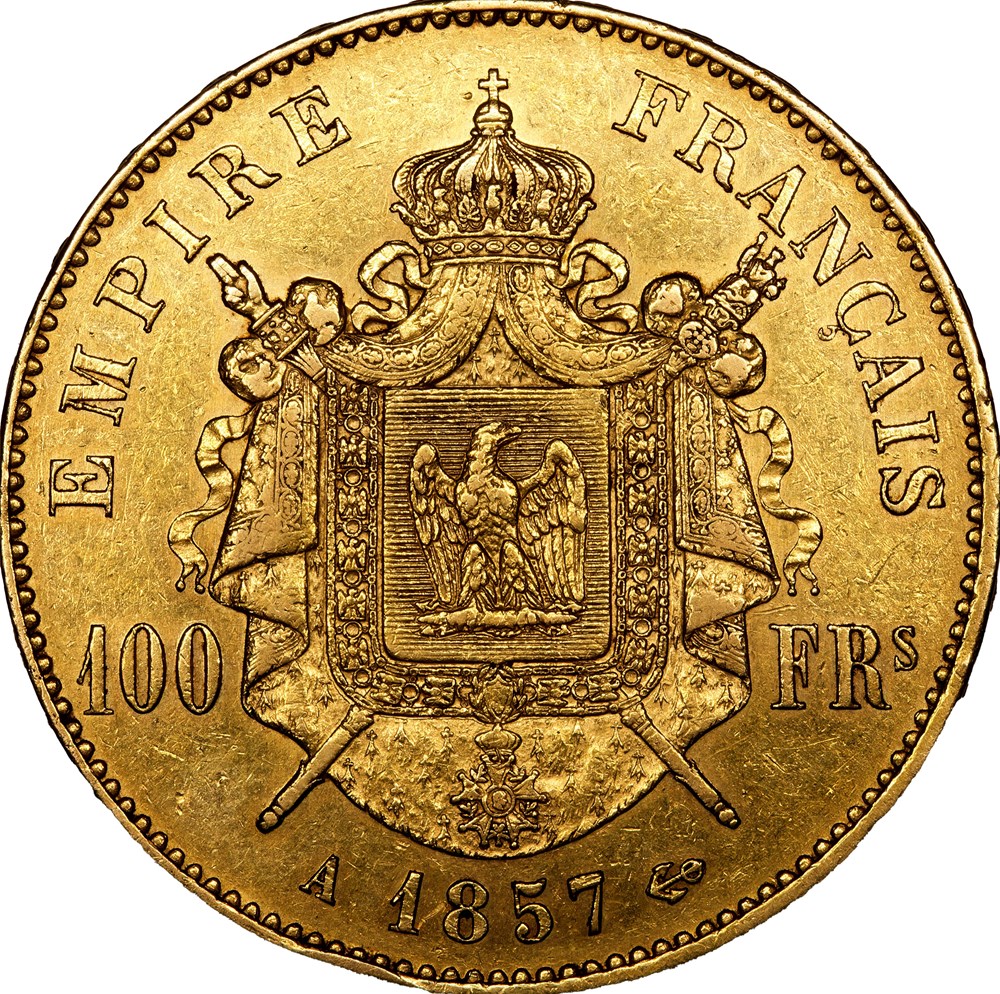 100 francs, tête nue, Napoléon III, 1857, Paris monnaies monde france 100 francs tete nue napoleon iii 1857 paris