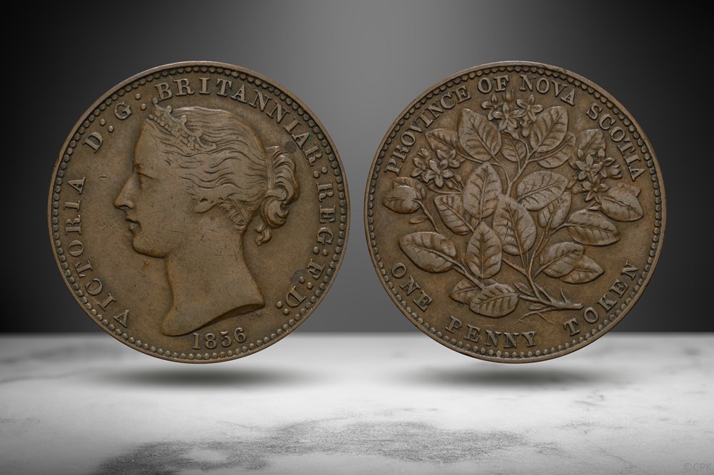 British Canada, Nova Scotia 1856 Penny Token (Victoria/Mayflower, Numista 22498) coins world british canada nova scotia 1856 penny token victoria mayflower numista 22498