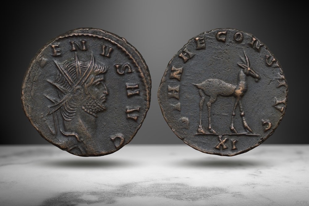 Gallienus AE Antoninianus (DIANAE CONS/Antelope, RIC V.1 181k) coins ancient romans imperial and republican gallienus ae antoninianus dianae cons antelope ric v 1 181k