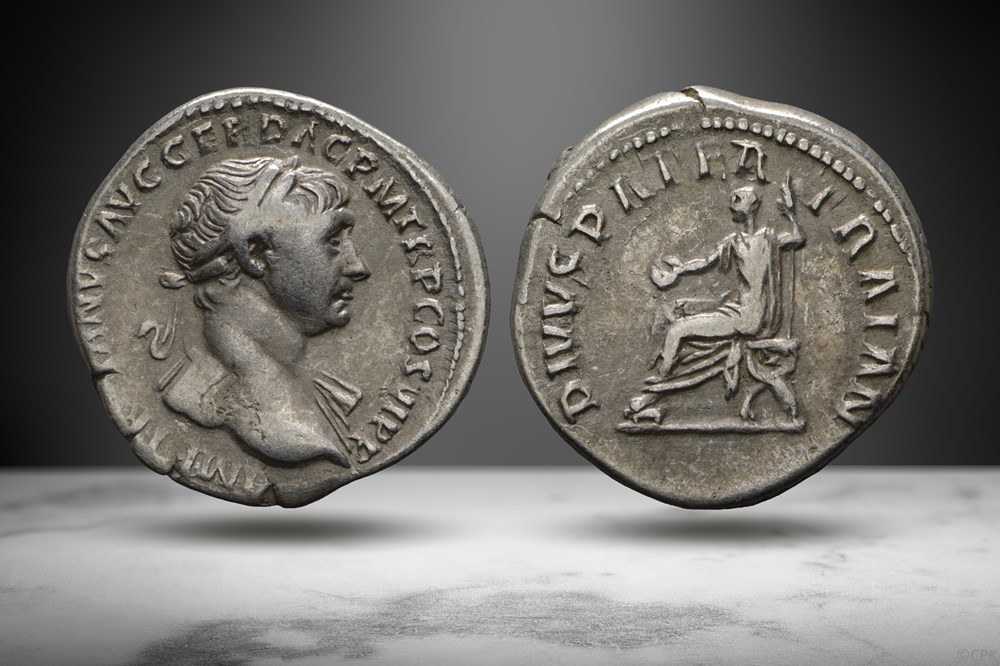 Trajan AR Denarius (DIVVS PATER TRAIAN, RIC II 252 corr.) coins ancient to romans imperial and republican trajan ar denarius divvs pater traian ric ii 252 corr