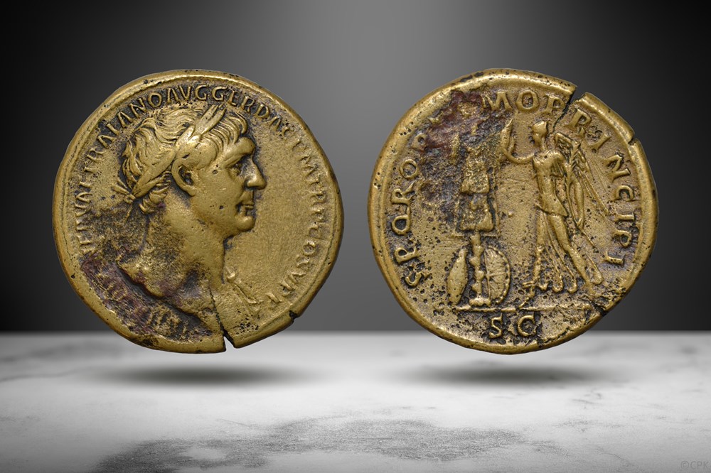 coins ancient romans imperial and republican trajan ae sestertius victory raising trophy ric ii 523