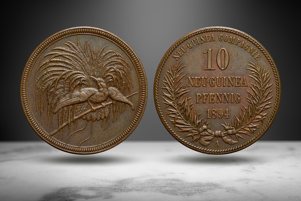 German New Guinea Company 1894 CU 10 Pfennig (Bird of Paradise, Numista 21762) coins colonial colonies german new guinea company 1894 cu 10 pfennig bird of paradise numista 21762