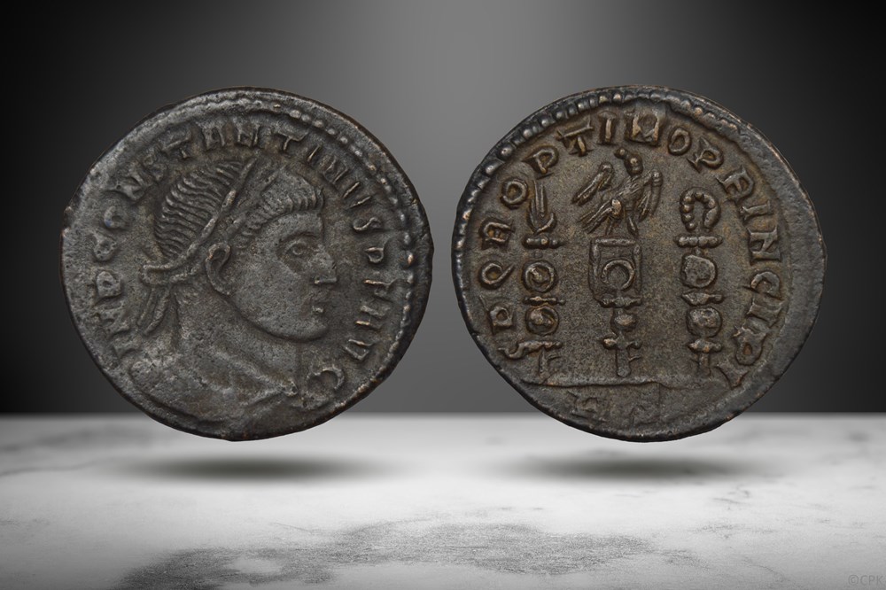 Constantine I AE2 (SPQR OPTIMO PRINCIPI/Standards, RIC VI 348a) coins ancient to romans imperial republican constantine i ae2 spqr optimo principi standards ric vi 348a