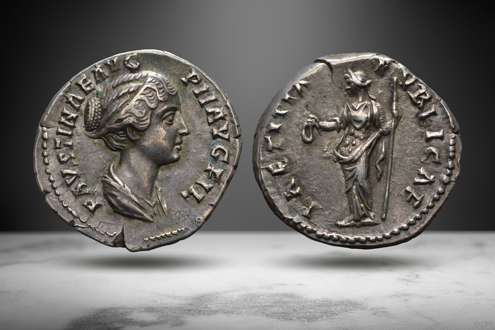 Faustina II AR Denarius (LAETITIAE PVBLICAE, RIC III 506a) coins ancient to romans imperial and republican faustina ii ar denarius laetitiae pvblicae ric iii 506a