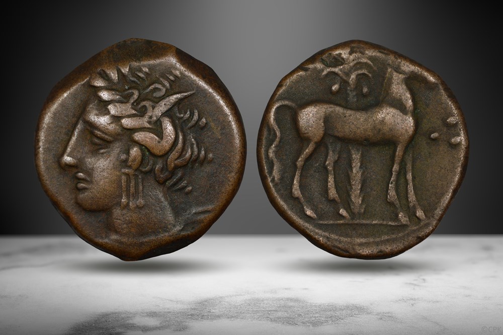 Carthage AE (Tanit/Standing horse, CNP 194s) coins ancient to greek carthage ae tanit standing horse cnp 194s