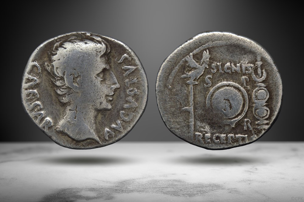 Augustus Denarius (SIGNIS RECEPTIS, RIC I 86a) coins ancient to romans imperial and republican augustus denarius signis receptis ric i 86a