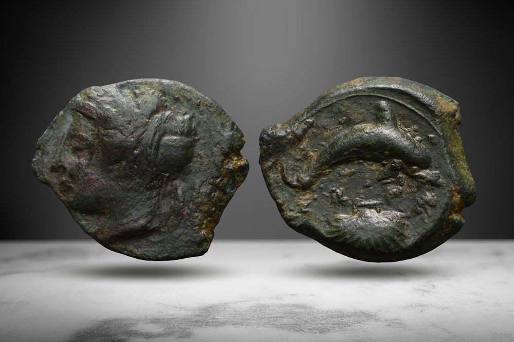 Sicily, Syracuse AE Hemilitron (Arethusa/dolphin, Favorito 15) coins ancient greek sicily syracuse ae hemilitron arethusa dolphin favorito 15