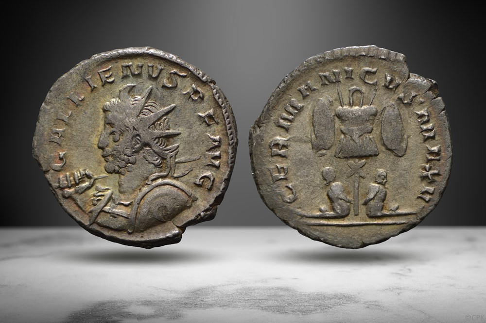 Gallienus AR Antoninianus (Trophy & captives, RIC V.1 18) coins ancient romans imperial and republican gallienus ar antoninianus trophy captives ric v 1 18