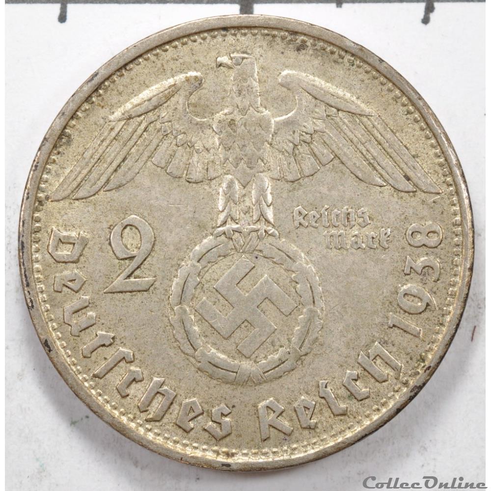 2 reichsmark 3e Reich 1938 monnaie monde allemagne 2 reichsmark 3e reich 1938
