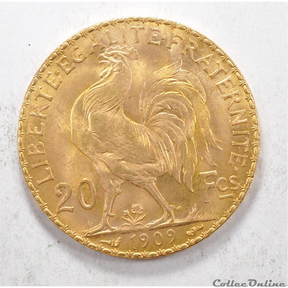 20 franc Coq liberté égalité fraternité 1909 monnaie france moderne 20 franc coq liberte egalite fraternite 1909