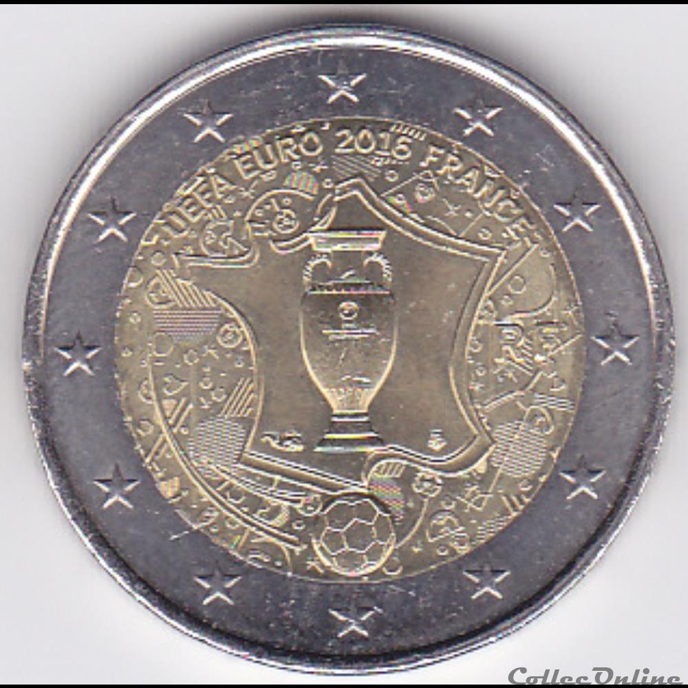 Pièce 2 euros. Championnat d'Europe de football 2016 en France, du 10 juin au 10 juillet 2016 monnaie piece 2 euros championnat europe de football 2016 en france du 10 juin au 10 juillet 2016