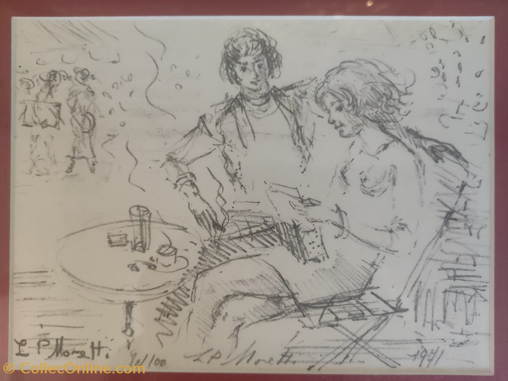 Lithographie originale Couple en Terrasse LP Moretti signée au crayon mumérotée 80/100 année 1971 art antiquites lithographies serigraphie lithographie originale couple en terrasse lp moretti signee au crayon mumerotee 80 100 annee 1971