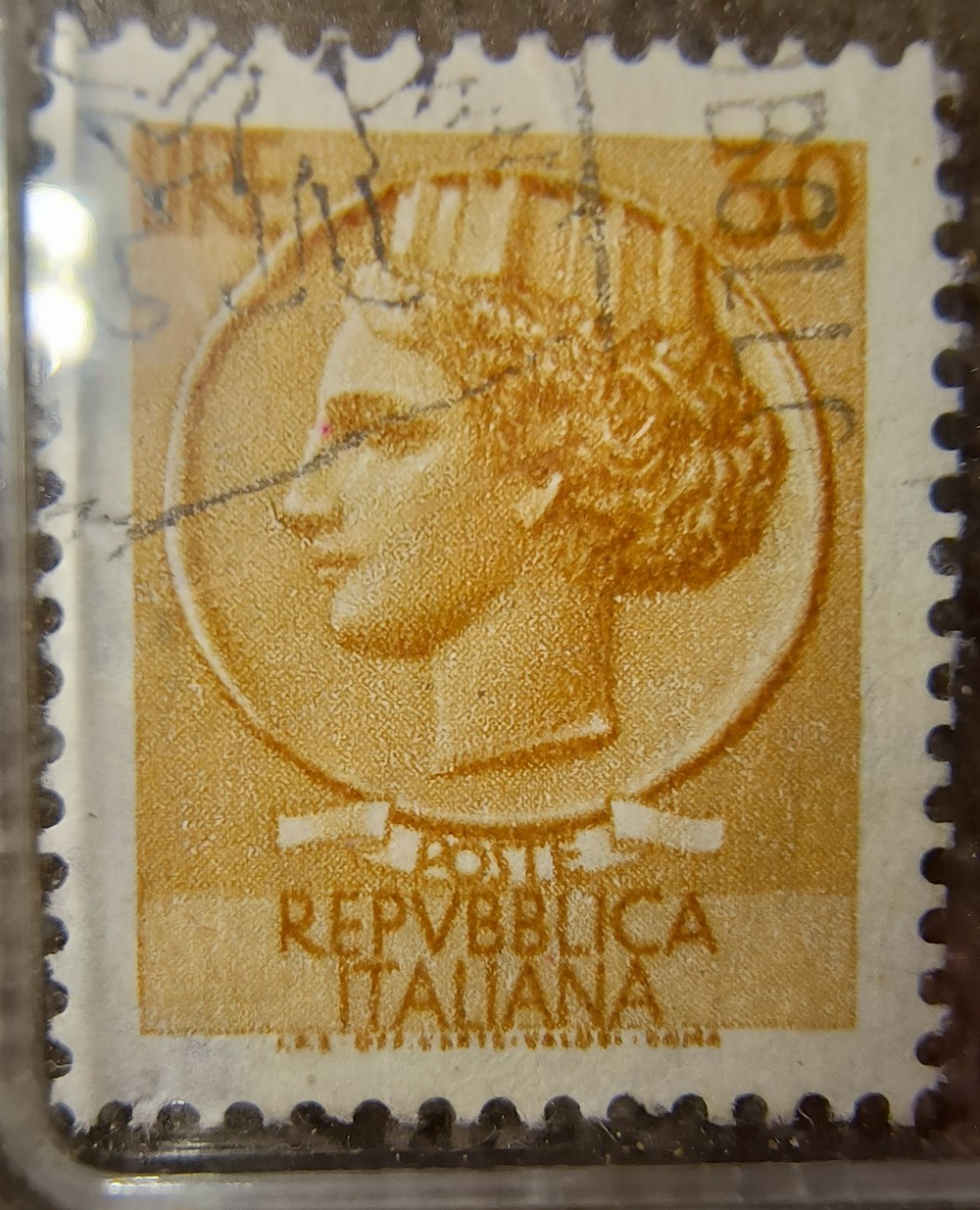 stamps europe 30 lire syracusean coin definitive stamp used single light cancel italy 1960