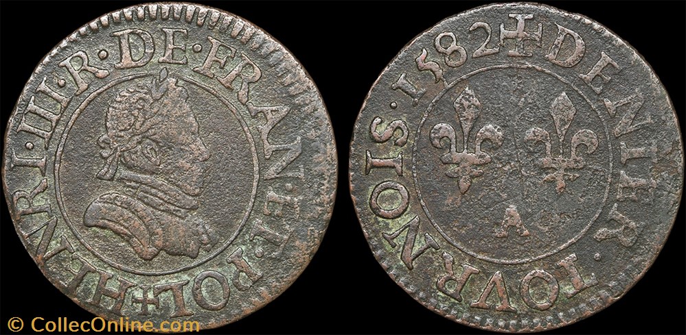 monnaie france royale cgkl 90 henri iii denier tournois 1582 a paris