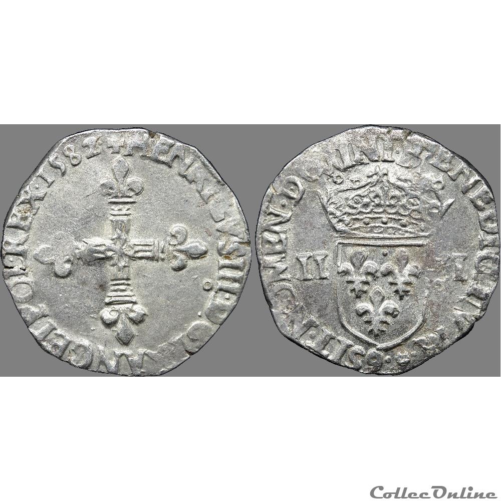 Henri III - Quart d'écu, croix de face - 1582 "9" Rennes 3 monnaie france royale henri iii quart ecu croix de face 1582 9 rennes
