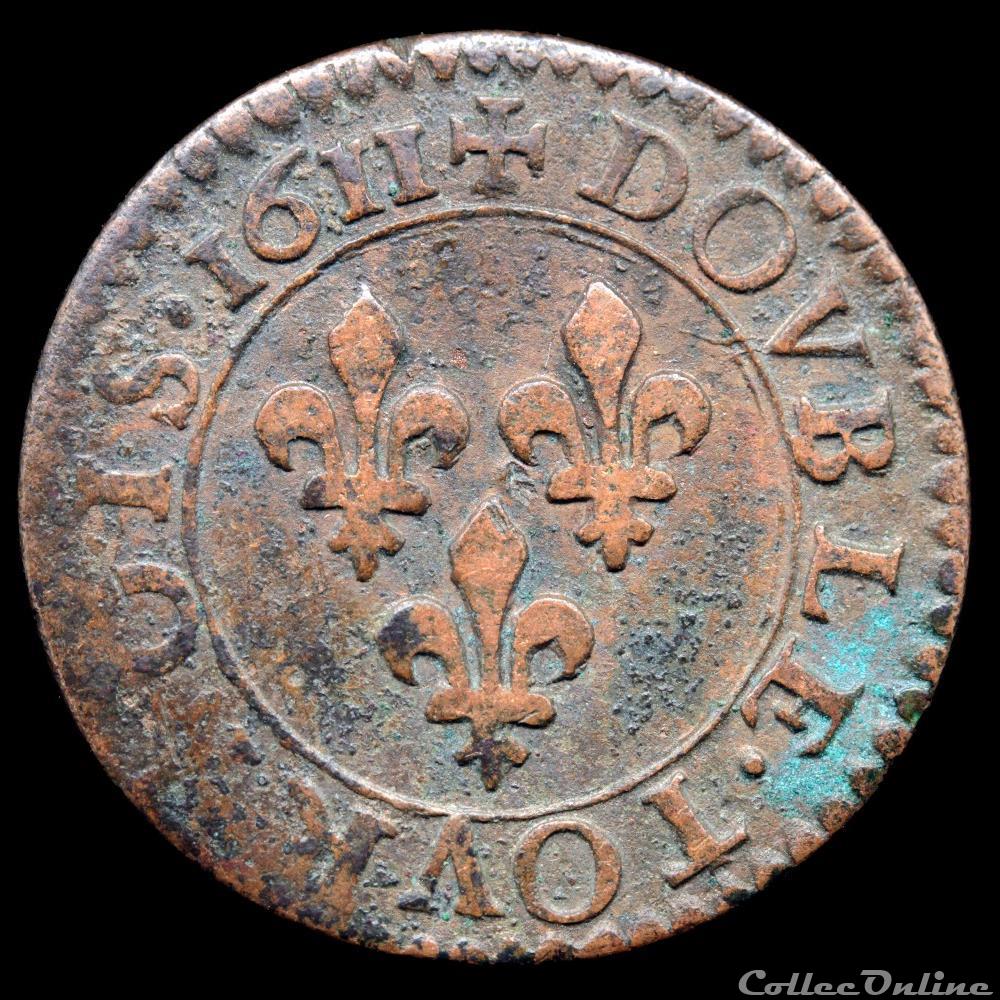 CGKL 376 - Louis XIII - Double tournois 1611 T Nantes 3 monnaie france royale cgkl 376 louis xiii double tournois 1611 t nantes