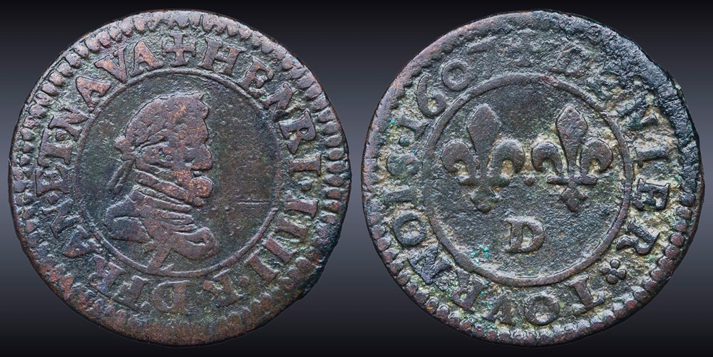 CGKL 256 - Henri IV - Denier tournois hybride 1607 au type du Dauphiné et de Lyon monnaies europe medievale france royales cgkl 256 henri iv denier tournois hybride 1607 au type du dauphine et de lyon