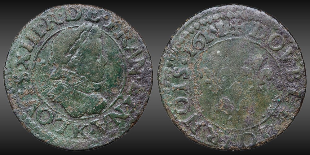 CGKL 272 - Louis XIII - Double tournois 1611 K Bordeaux monnaies europe medievale france royales cgkl 272 louis xiii double tournois 1611 k bordeaux