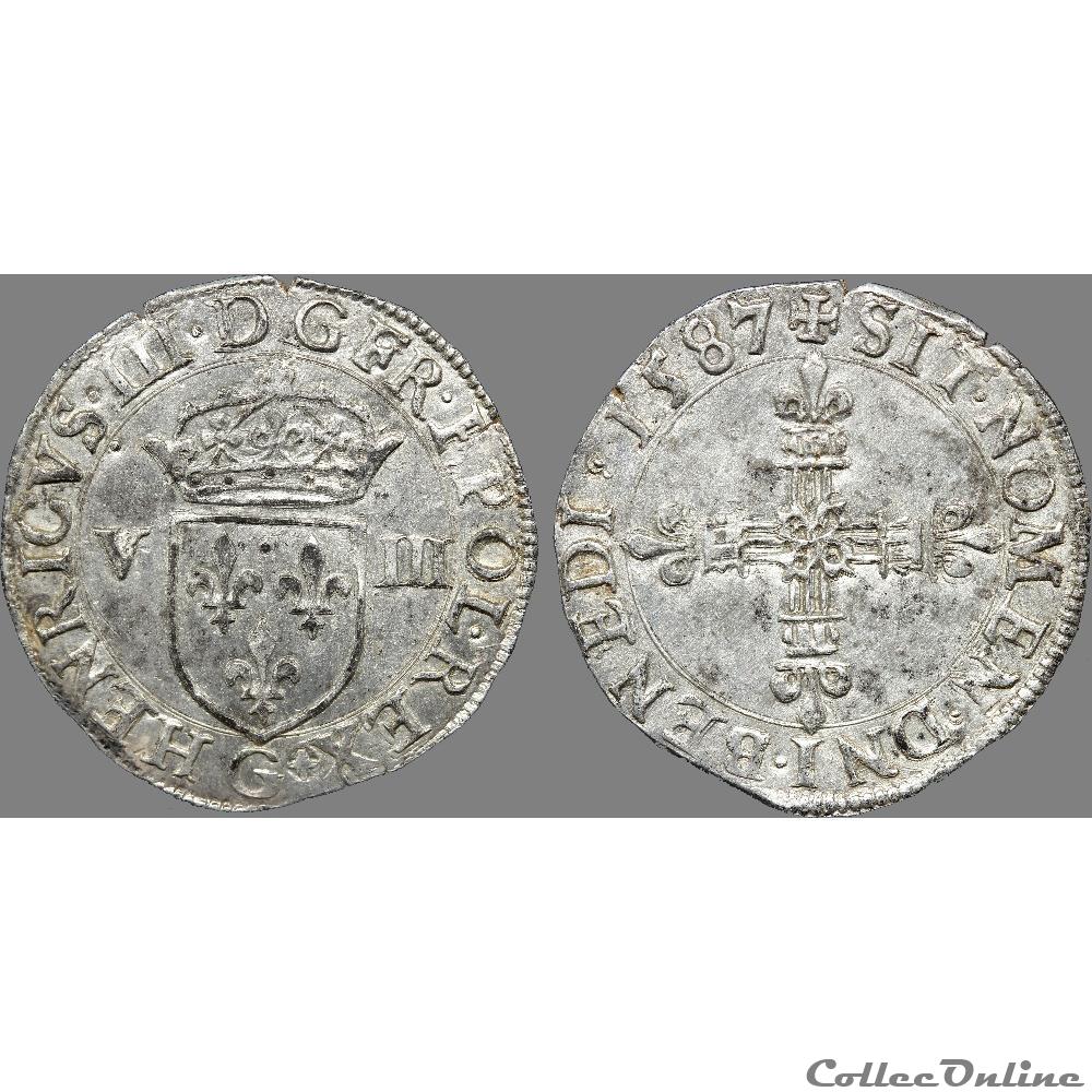 Henri III - Huitième d'écu - 1587 G Poitiers 3 monnaie france royale henri iii huitieme ecu 1587 g poitiers