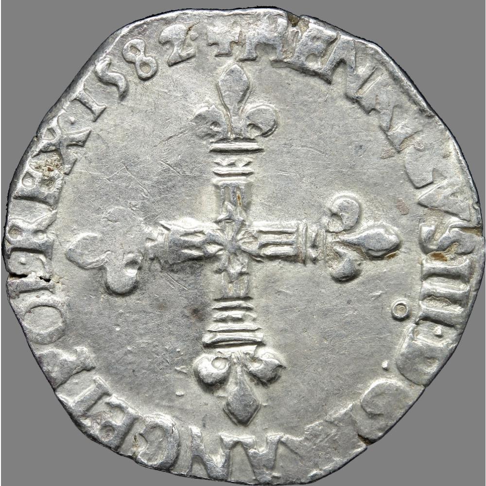 Henri III - Quart d'écu, croix de face - 1582 "9" Rennes monnaie france royale henri iii quart ecu croix de face 1582 9 rennes