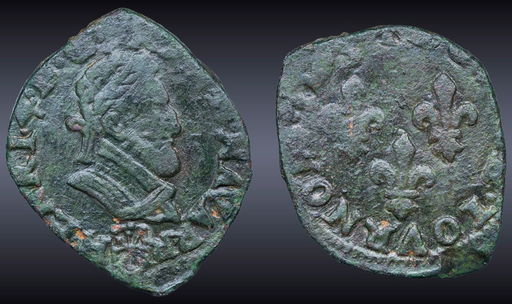 CGKL 230 - Henri IV - Double tournois 1593 écu de Navarre, Saint-Palais monnaies europe medievale france royales cgkl 230 henri iv double tournois 1593 ecu de navarre saint palais
