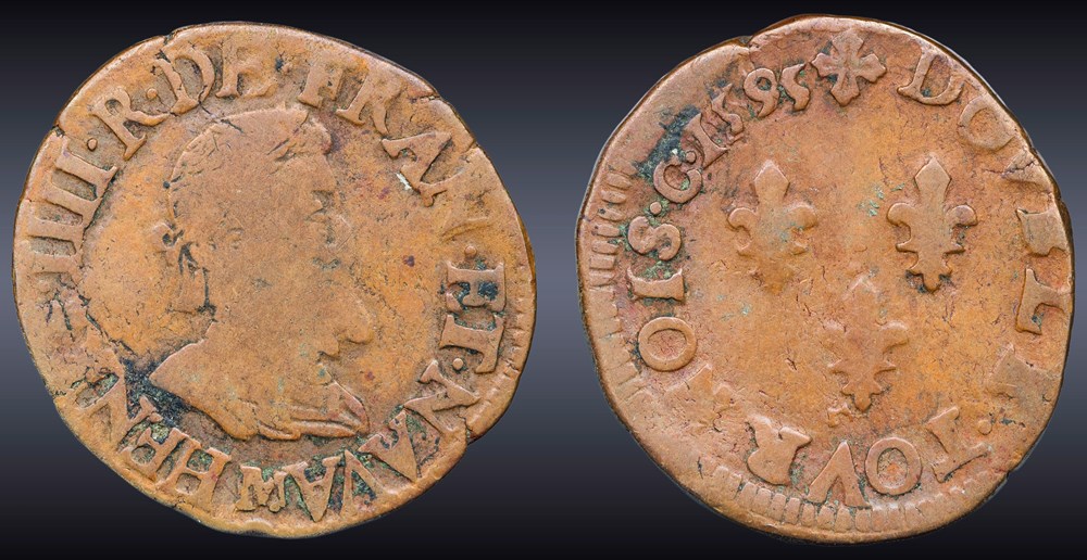 CGKL 238 - Henri IV - Double tournois 1595 M Toulouse monnaies europe medievale a france royales cgkl 238 henri iv double tournois 1595 m toulouse