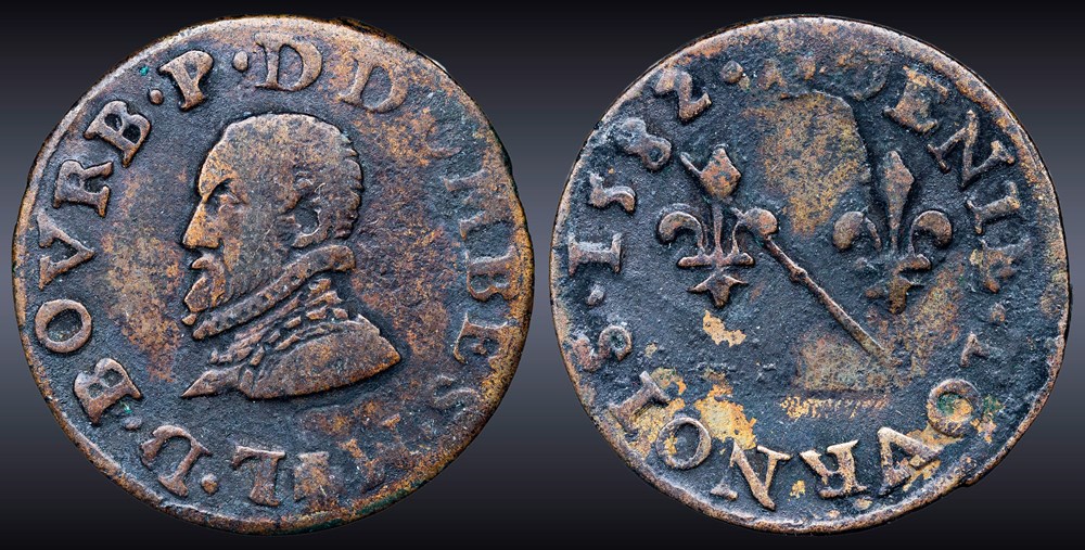 monnaies europe medievale a france feodales cgkl 718 dombes louis ii de bourbon montpensier 1560 1582 denier tournois 1582