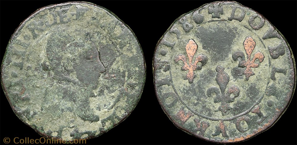 CGKL 128 - Henri III - Double tournois 1586 E Tours monnaie france a royale cgkl 128 henri iii double tournois 1586 e tours