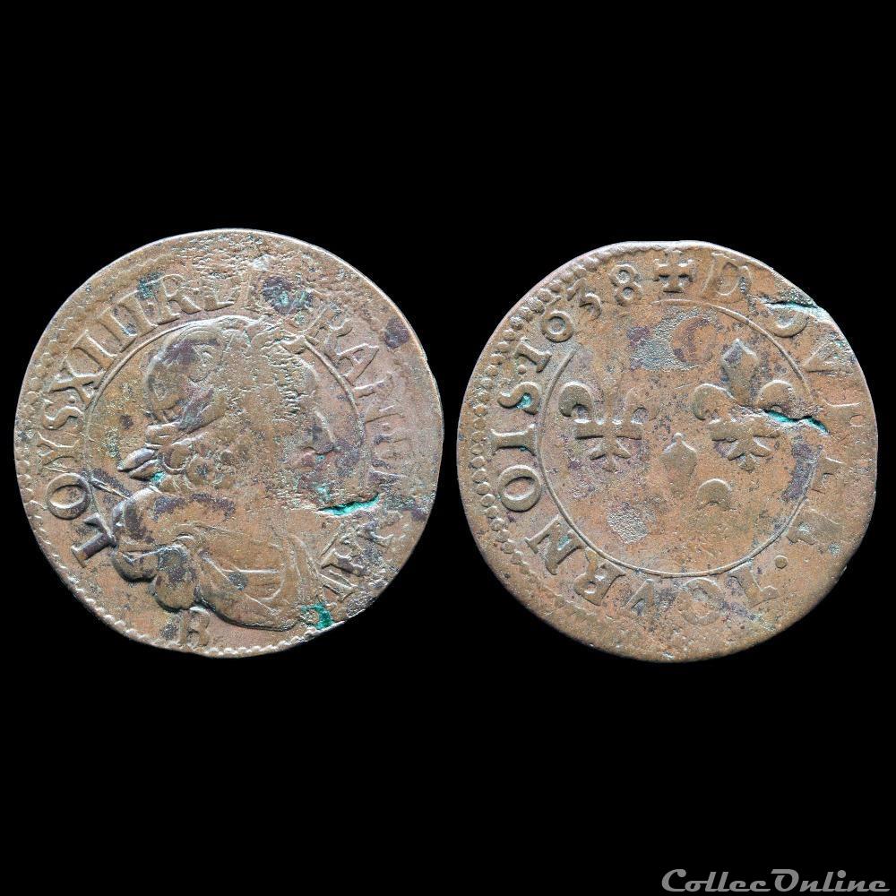 monnaie france royale cgkl 434 a louis xiii double tournois 1638 b rouen